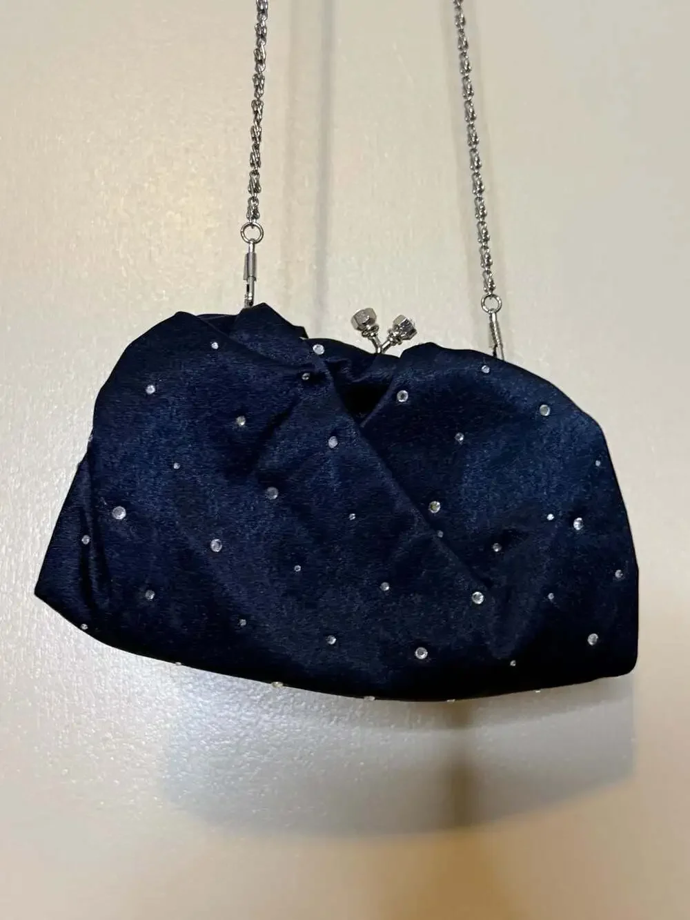 Vintage Black Satin Rhinestone Embellished Evening Clutch with Chain Strap